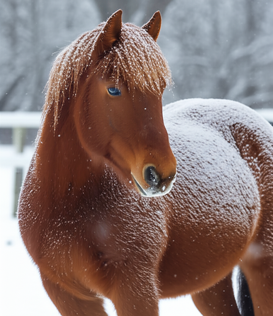 Horse in winter with thick coat