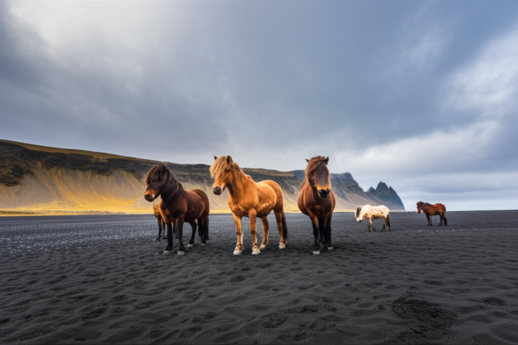 Icelandic horses on black sand beach