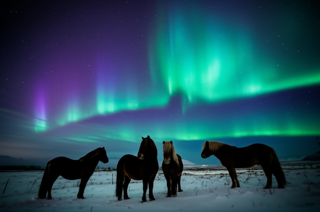Northern Lights with Icelandic horses