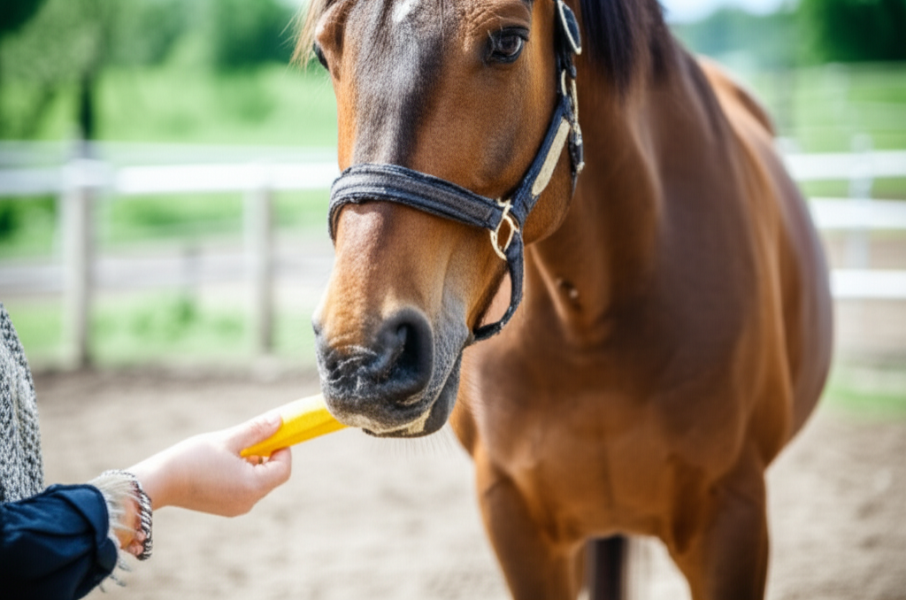 Horse eating a banana treat from owner's hand