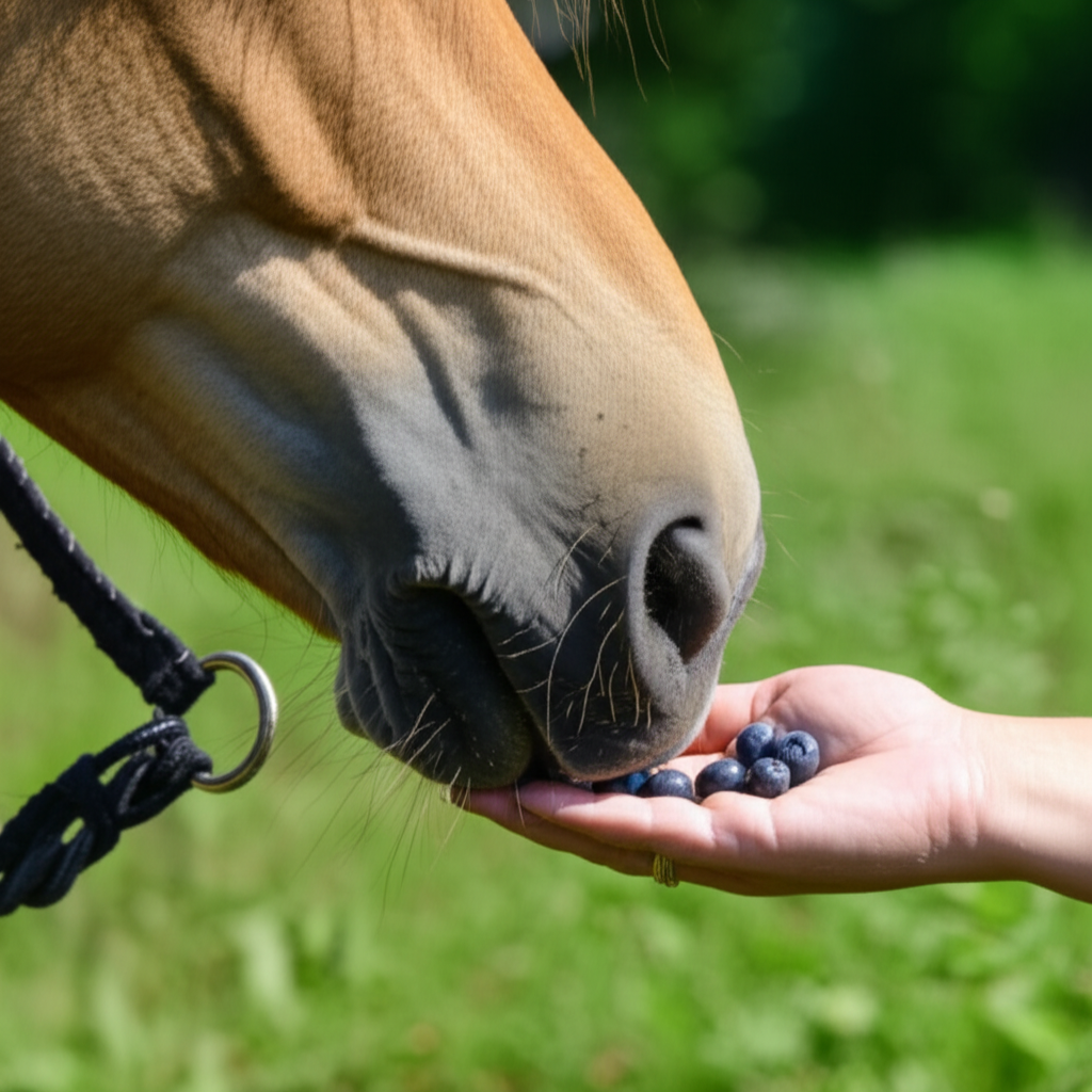 Horse eating blueberries
