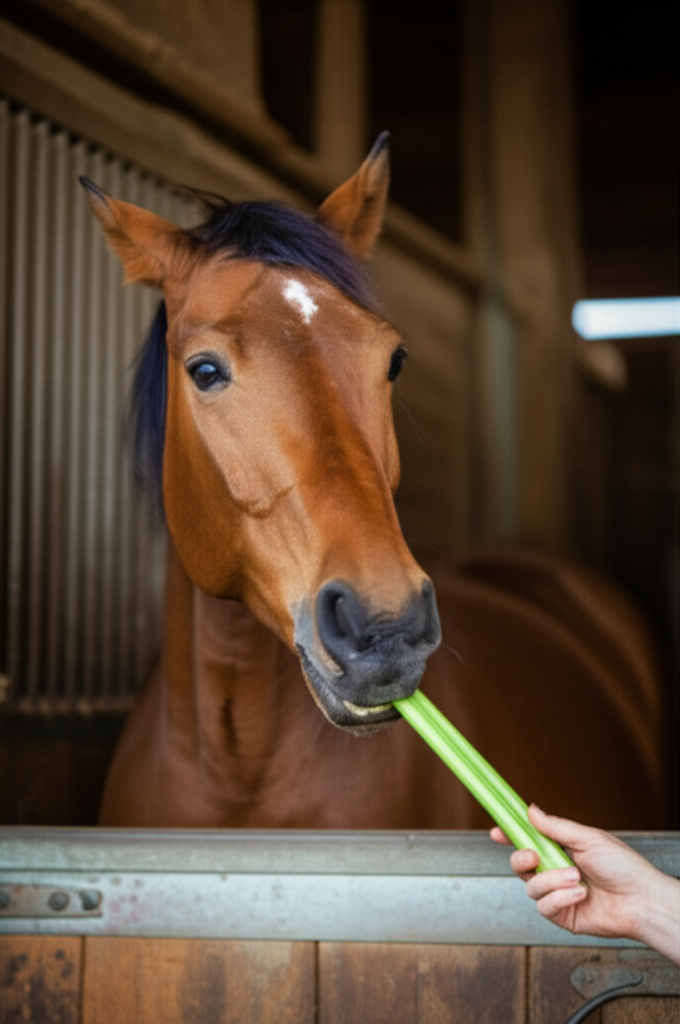 Horse eating celery stalk treat