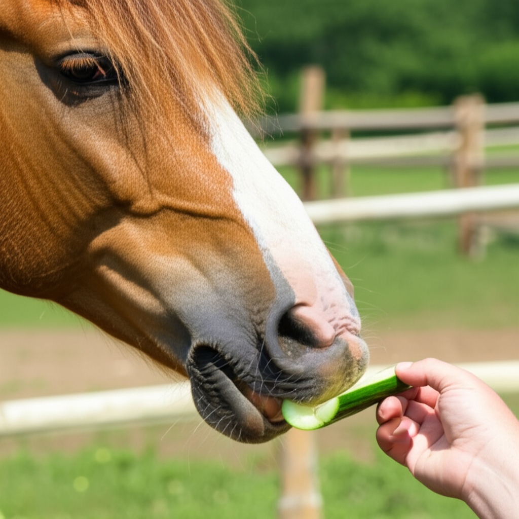 Horse eating cucumber summer treat