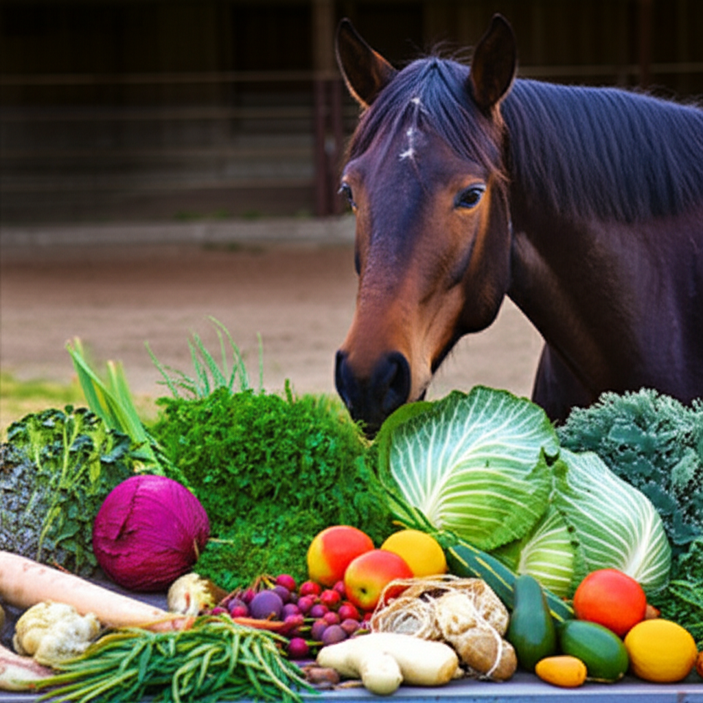 Horse evaluating various plants and foods