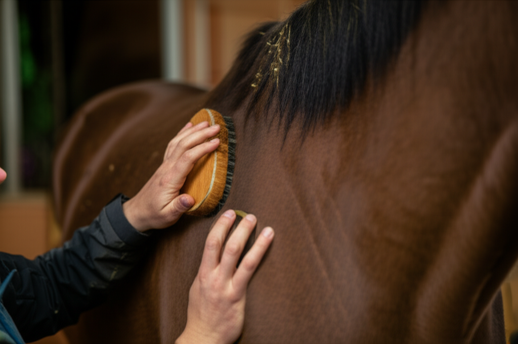 Person grooming horse