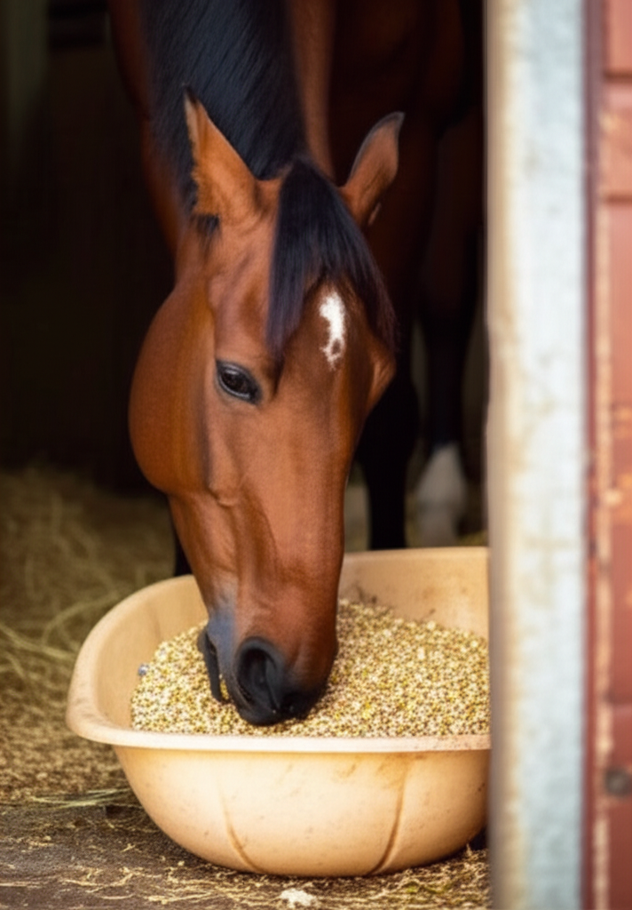 Horse eating oats from bucket