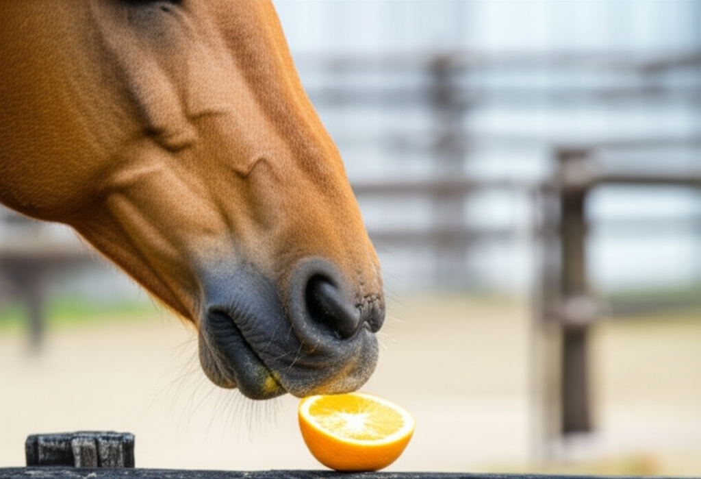 Horse investigating an orange slice
