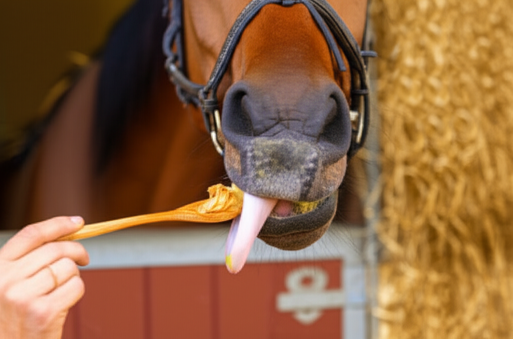 Horse enjoying peanut butter treat