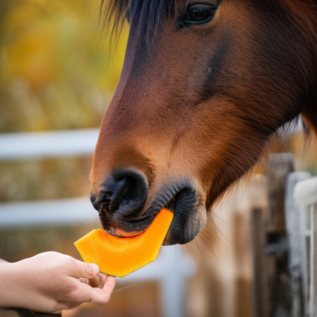 Horse eating pumpkin as fall treat