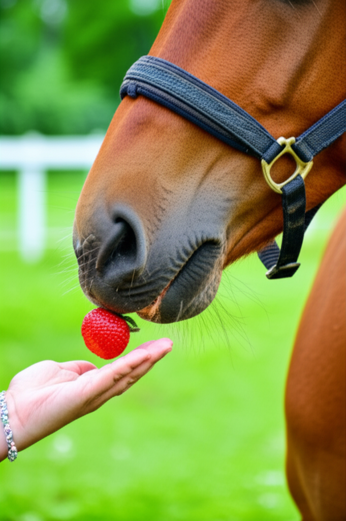 Horse eating a strawberry treat