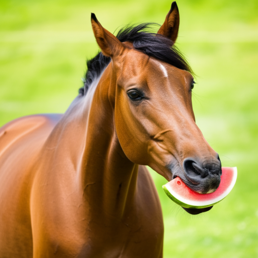 Bay horse enjoying a slice of watermelon as a summer treat