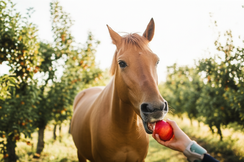 Horse eating apple