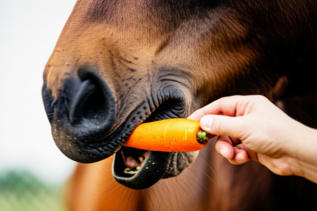 Horse eating carrot