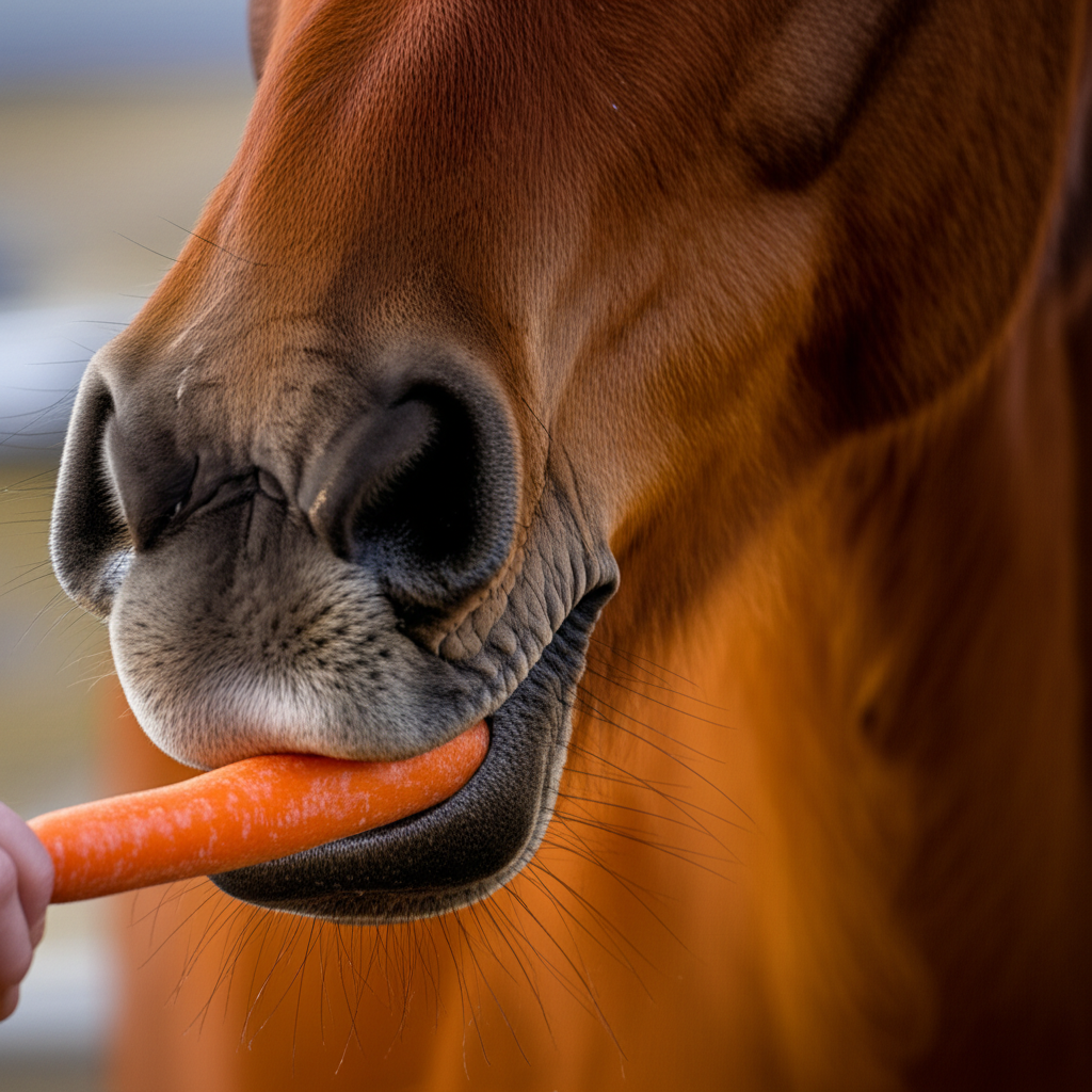 Horse receiving treat from owner