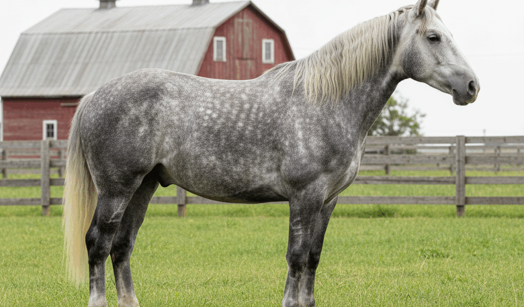 Dapple gray Percheron draft horse standing in a pasture