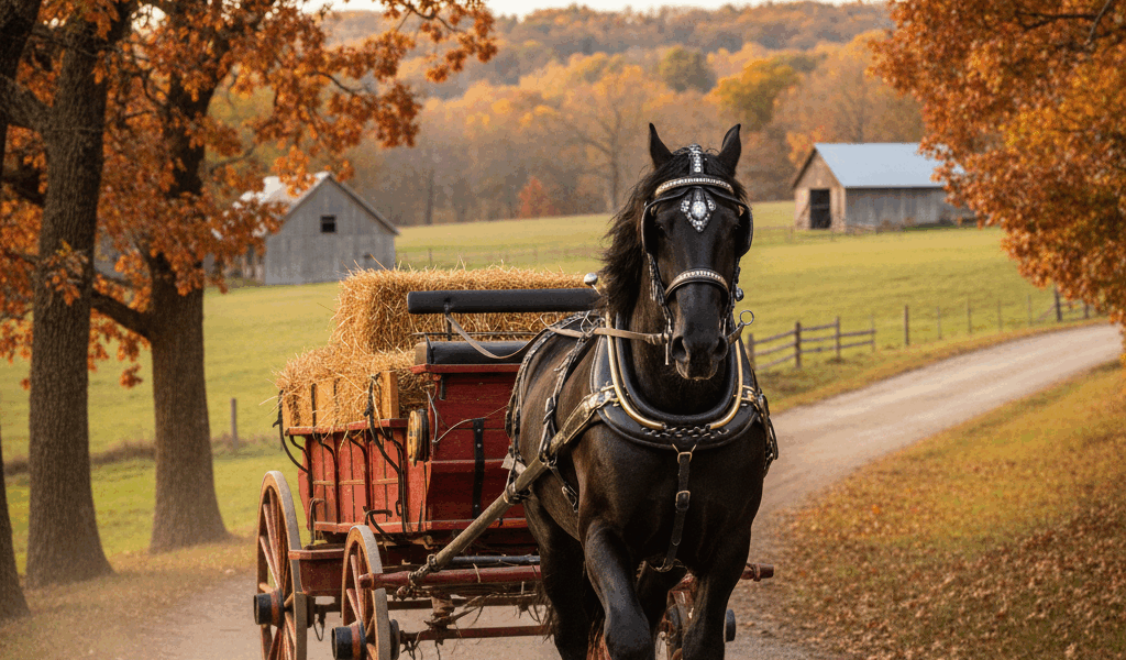 Black Percheron horse in harness pulling a wagon