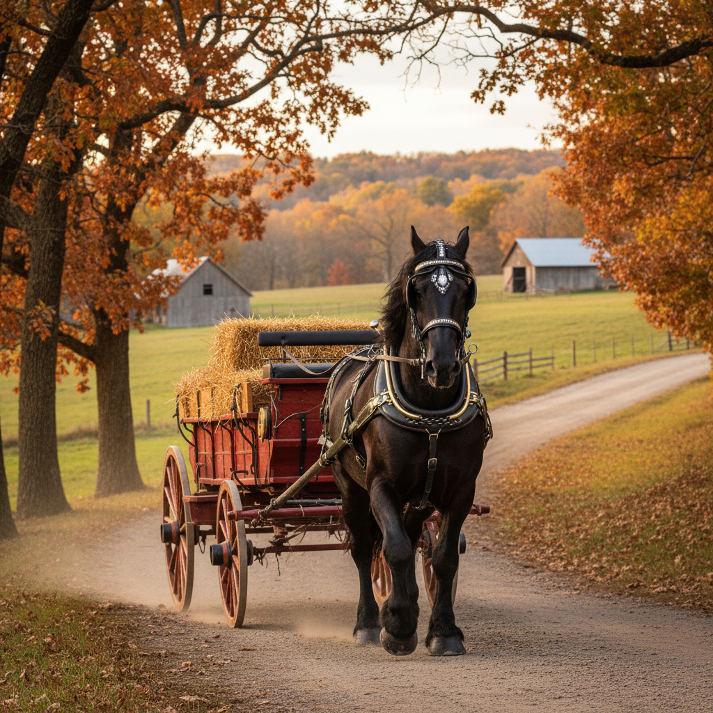 Black Percheron horse in harness pulling a wagon