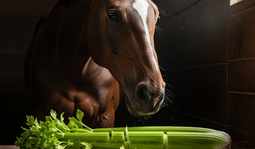celery stalks cut into pieces next to a horse in a stable ph 20260303 060013