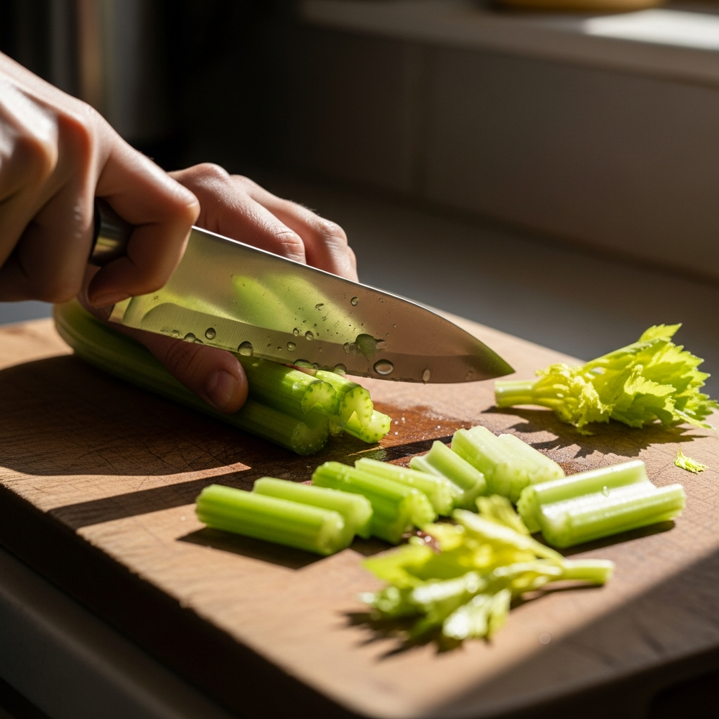 Hand cutting celery stalks into short pieces on a cutting board before feeding to horses