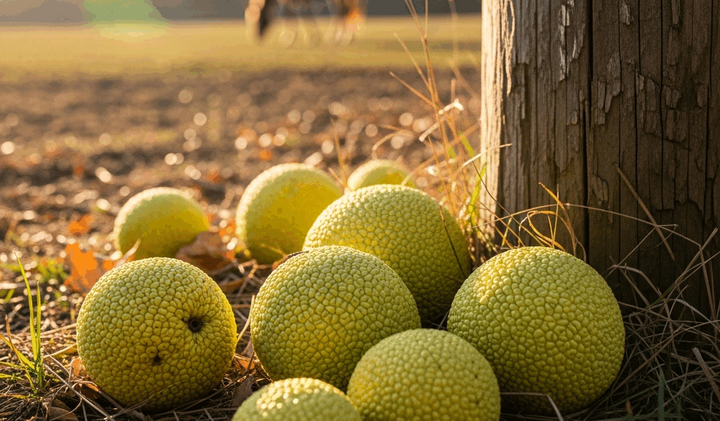 hedge apples osage orange fruits on the ground near a wooden 20260303 062224