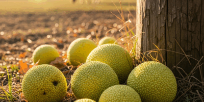 hedge apples osage orange fruits on the ground near a wooden 20260303 062224