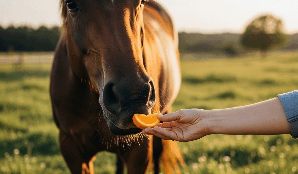 horse being offered a slice of orange by a person s hand out 20260303 055723