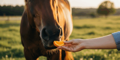 horse being offered a slice of orange by a person s hand out 20260303 055723