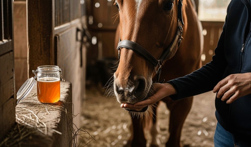 horse eating from owners hand with golden honey jar nearby i 20260331 135057