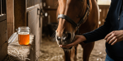 horse eating from owners hand with golden honey jar nearby i 20260331 135057