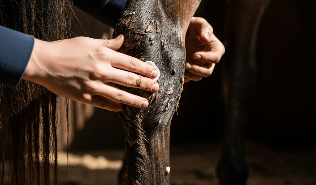 horse leg with muddy pastern being treated by owner at a bar 20260331 135047