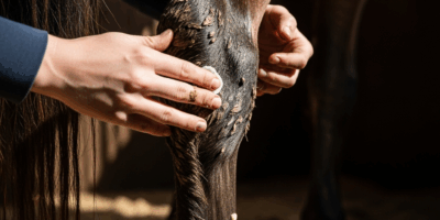 horse leg with muddy pastern being treated by owner at a bar 20260331 135047