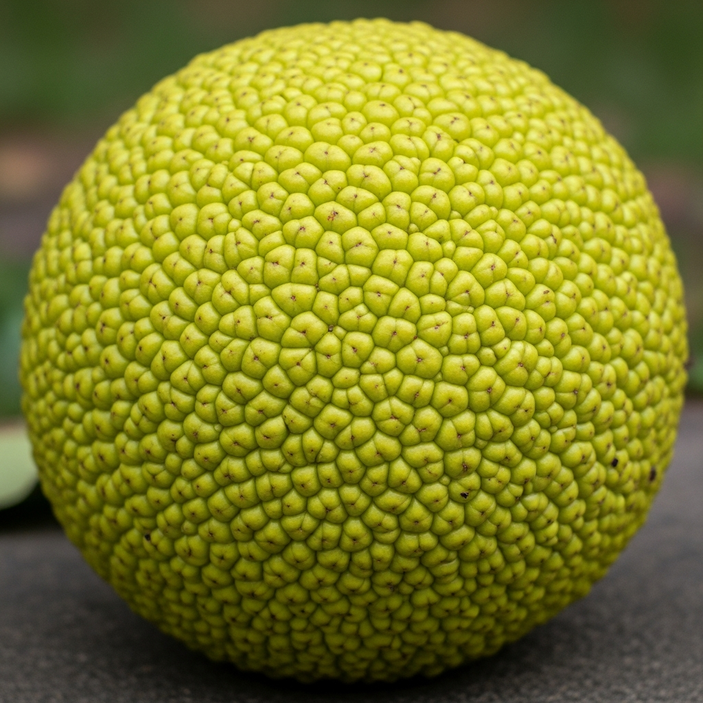 Close-up of a hedge apple osage orange fruit showing its dense bumpy texture and large size