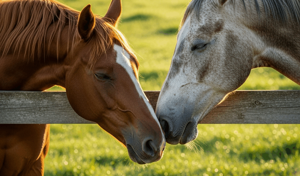 two horses meeting over a wooden fence in a green pasture no 20260331 135039