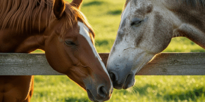 two horses meeting over a wooden fence in a green pasture no 20260331 135039
