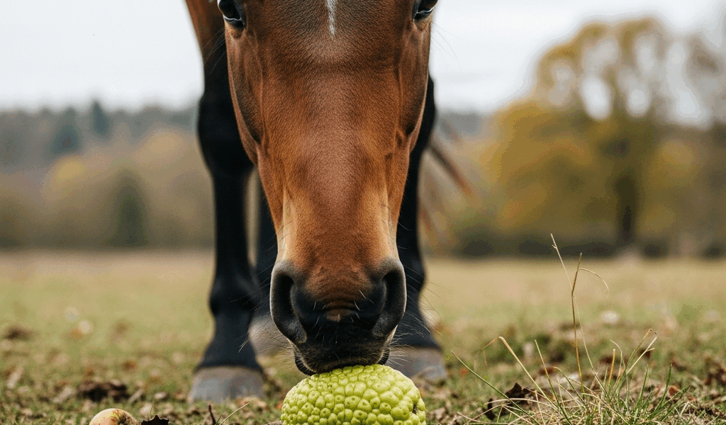 Professional photograph related to: Can Horses Eat Hedge Apples? Safe Treat or Choking Hazard?. High